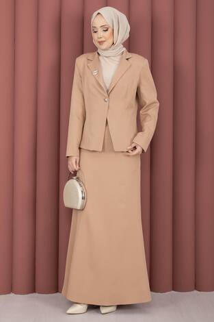 Business Blazer Ceket Etek İkili Takım Camel - Thumbnail