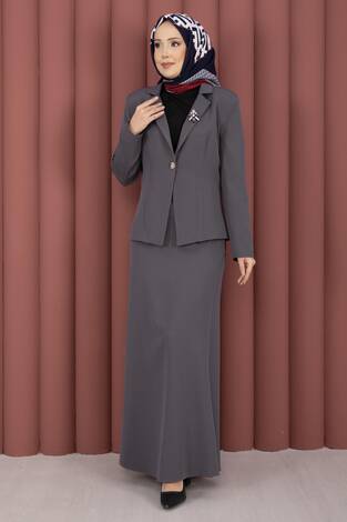 Business Blazer Ceket Etek İkili Takım Gri - Thumbnail