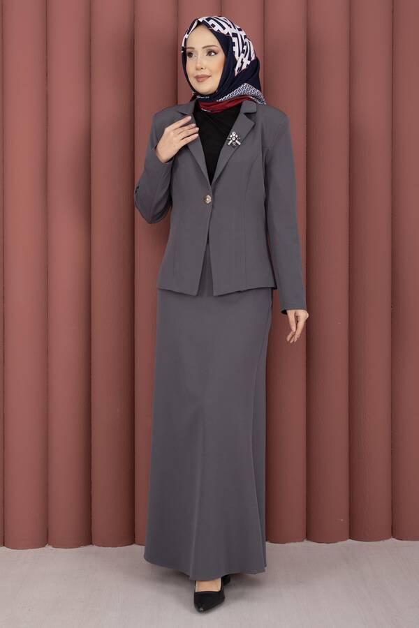 Business Blazer Ceket Etek İkili Takım Gri - 3