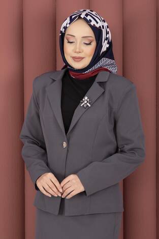 Business Blazer Ceket Etek İkili Takım Gri - Thumbnail