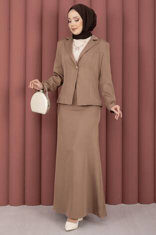 Business Blazer Ceket Etek İkili Takım Kahve - Thumbnail