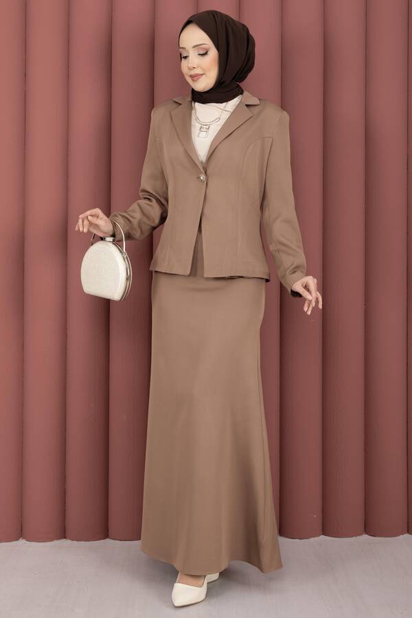 Business Blazer Ceket Etek İkili Takım Kahve - 3