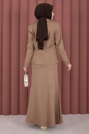 Business Blazer Ceket Etek İkili Takım Kahve - Thumbnail