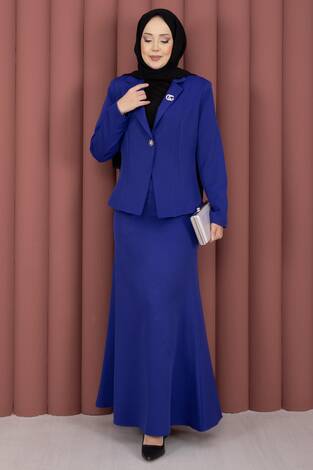 Business Blazer Ceket Etek İkili Takım Saks - Thumbnail