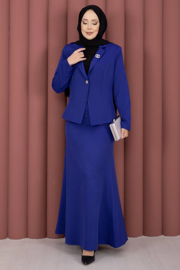 Business Blazer Ceket Etek İkili Takım Saks - 3
