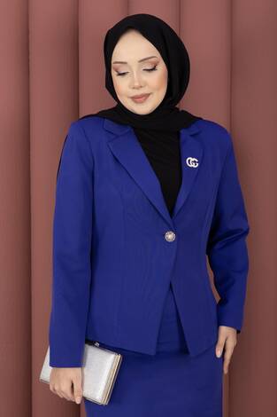 Business Blazer Ceket Etek İkili Takım Saks - Thumbnail