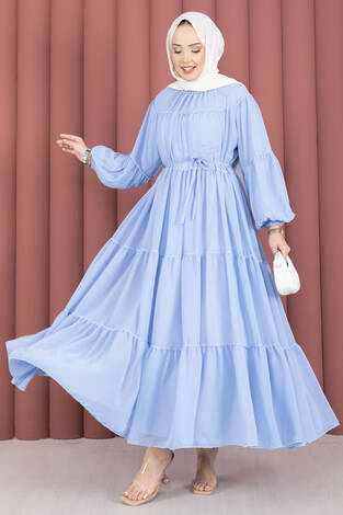 Büzgü Detaylı Kat Kat Elbise Bebe Mavisi - Thumbnail