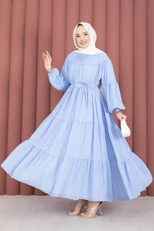 Büzgü Detaylı Kat Kat Elbise Bebe Mavisi - Thumbnail