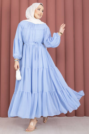 Büzgü Detaylı Kat Kat Elbise Bebe Mavisi - Thumbnail