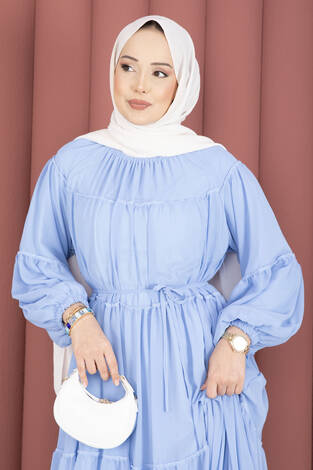 Büzgü Detaylı Kat Kat Elbise Bebe Mavisi - Thumbnail