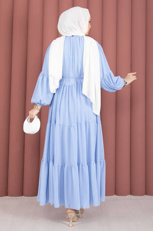 Büzgü Detaylı Kat Kat Elbise Bebe Mavisi - Thumbnail