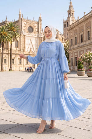 Büzgü Detaylı Kat Kat Elbise Bebe Mavisi - Thumbnail