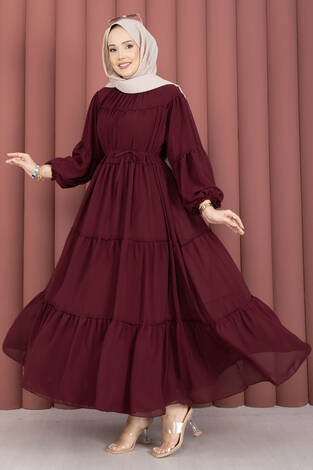 Büzgü Detaylı Kat Kat Elbise Bordo - Thumbnail