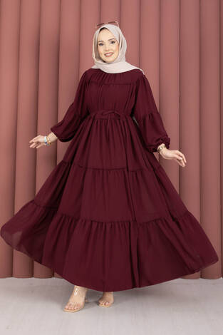 Büzgü Detaylı Kat Kat Elbise Bordo - Thumbnail