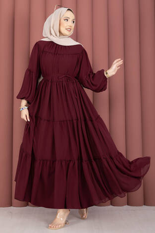 Büzgü Detaylı Kat Kat Elbise Bordo - Thumbnail