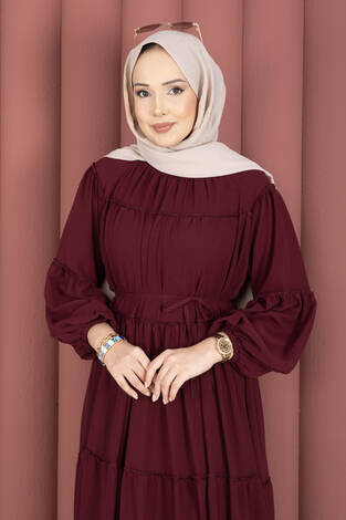 Büzgü Detaylı Kat Kat Elbise Bordo - Thumbnail