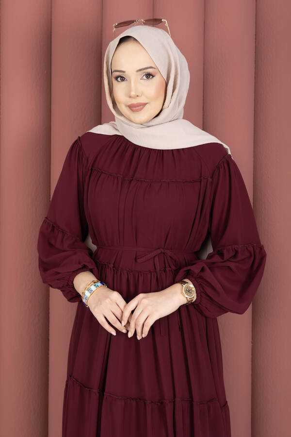 Efl - Büzgü Detaylı Kat Kat Elbise Bordo (1)