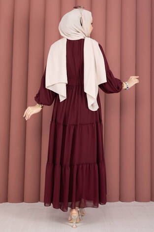 Büzgü Detaylı Kat Kat Elbise Bordo - Thumbnail