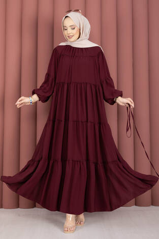 Büzgü Detaylı Kat Kat Elbise Bordo - Thumbnail