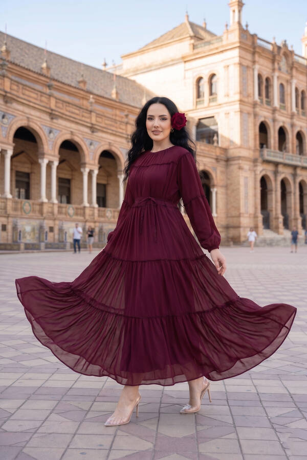 Efl - Büzgü Detaylı Kat Kat Elbise Bordo