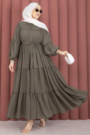 Büzgü Detaylı Kat Kat Elbise Haki - Thumbnail