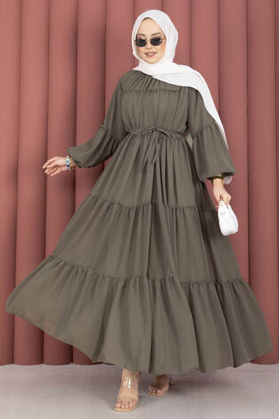 Büzgü Detaylı Kat Kat Elbise Haki - Thumbnail