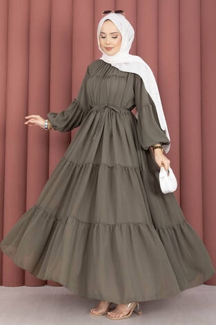 Büzgü Detaylı Kat Kat Elbise Haki - Thumbnail