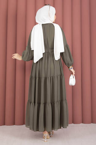 Büzgü Detaylı Kat Kat Elbise Haki - Thumbnail