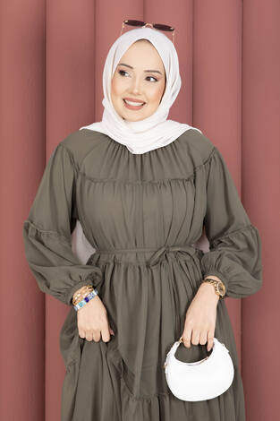 Büzgü Detaylı Kat Kat Elbise Haki - Thumbnail