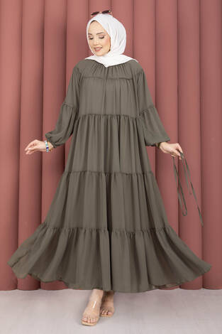 Büzgü Detaylı Kat Kat Elbise Haki - Thumbnail