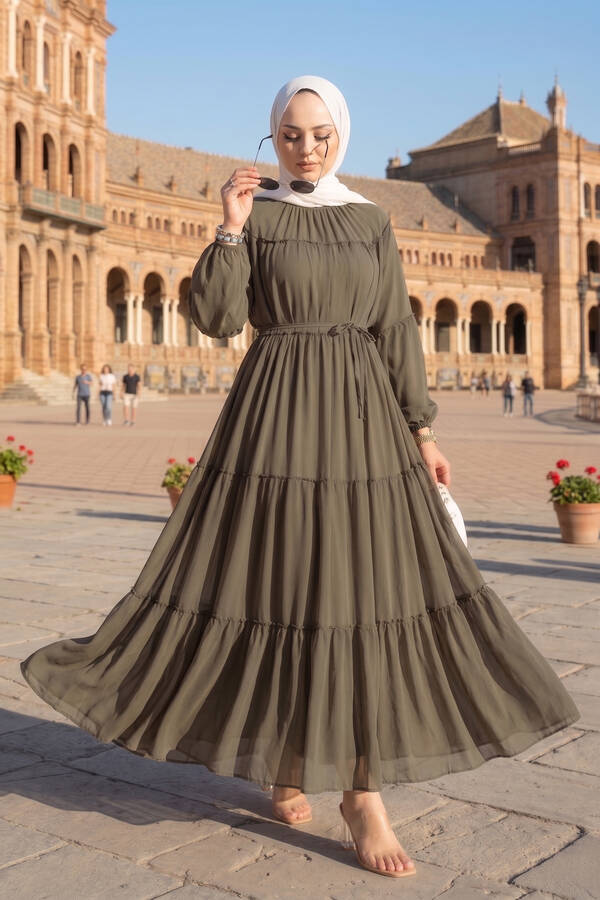 Efl - Büzgü Detaylı Kat Kat Elbise Haki