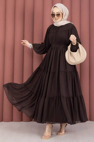 Büzgü Detaylı Kat Kat Elbise Kahve - Thumbnail