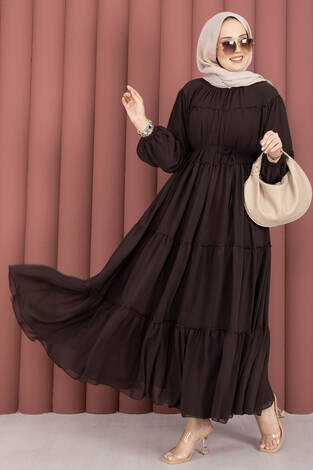 Büzgü Detaylı Kat Kat Elbise Kahve - Thumbnail