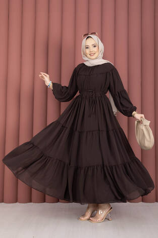 Büzgü Detaylı Kat Kat Elbise Kahve - Thumbnail