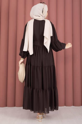 Büzgü Detaylı Kat Kat Elbise Kahve - Thumbnail