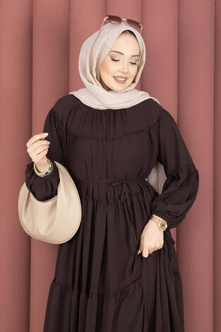 Büzgü Detaylı Kat Kat Elbise Kahve - Thumbnail