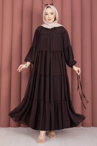 Büzgü Detaylı Kat Kat Elbise Kahve - Thumbnail