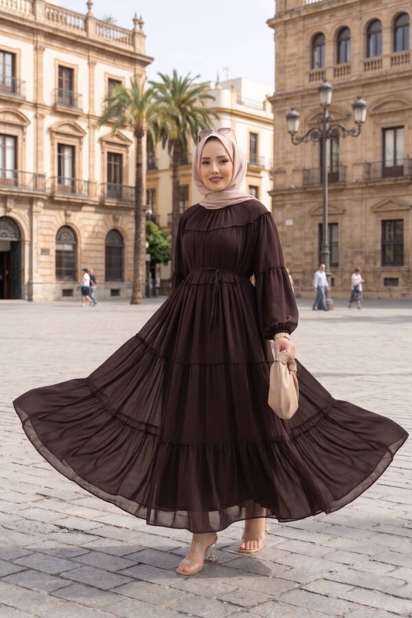 Efl - Büzgü Detaylı Kat Kat Elbise Kahve