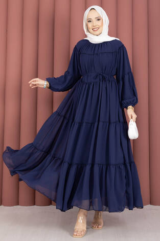Büzgü Detaylı Kat Kat Elbise Lacivert - Thumbnail