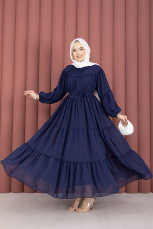 Büzgü Detaylı Kat Kat Elbise Lacivert - Thumbnail
