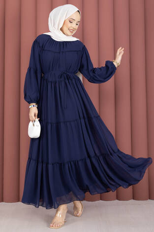Büzgü Detaylı Kat Kat Elbise Lacivert - Thumbnail