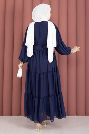 Büzgü Detaylı Kat Kat Elbise Lacivert - Thumbnail