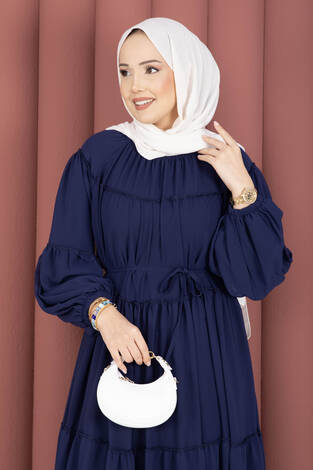 Büzgü Detaylı Kat Kat Elbise Lacivert - Thumbnail