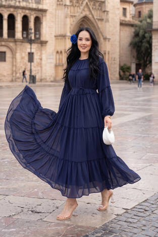 Büzgü Detaylı Kat Kat Elbise Lacivert - Thumbnail