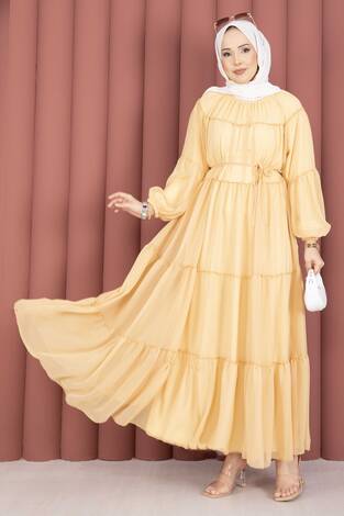 Büzgü Detaylı Kat Kat Elbise Sarı - Thumbnail