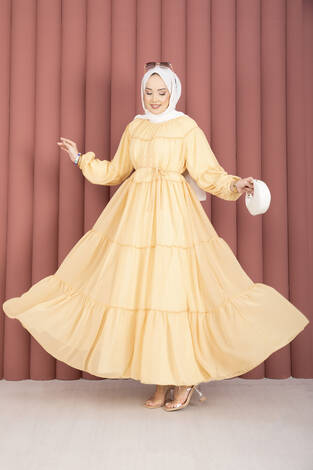 Büzgü Detaylı Kat Kat Elbise Sarı - Thumbnail