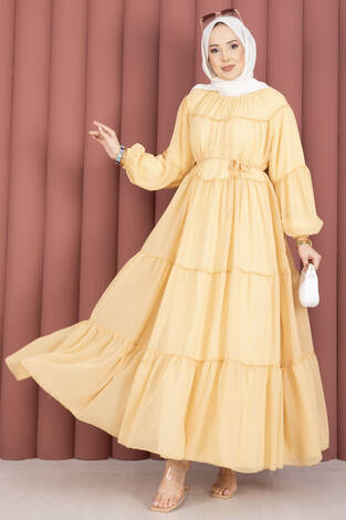 Büzgü Detaylı Kat Kat Elbise Sarı - Thumbnail