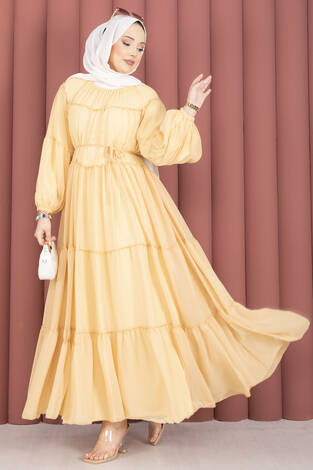 Büzgü Detaylı Kat Kat Elbise Sarı - Thumbnail