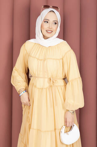 Büzgü Detaylı Kat Kat Elbise Sarı - Thumbnail