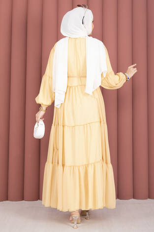 Büzgü Detaylı Kat Kat Elbise Sarı - Thumbnail